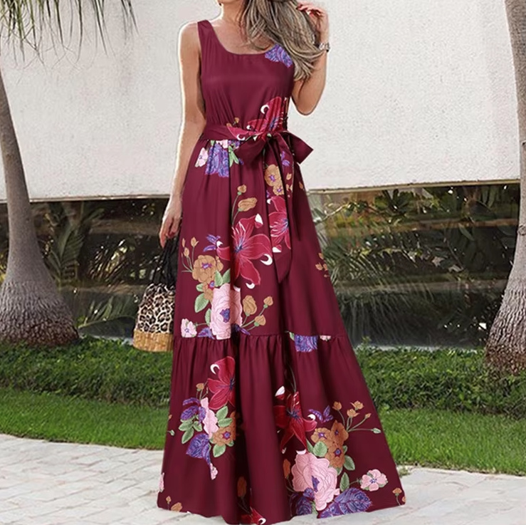 A Linie Print Maxi Sommerkleid Brenna Lang Rot mit Blumenmuster