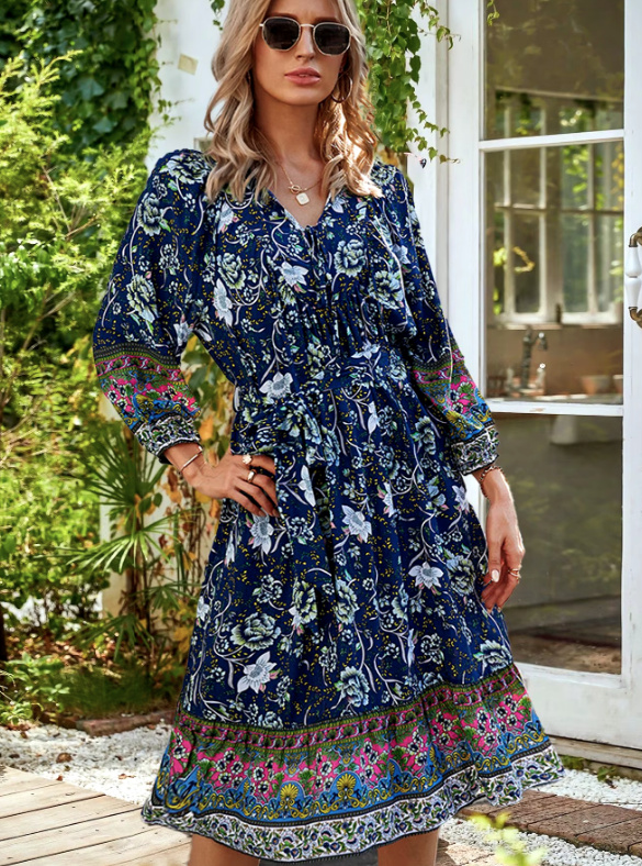 Boho Style Langarm Sommerkleid Bine Knielang Dunkelblau