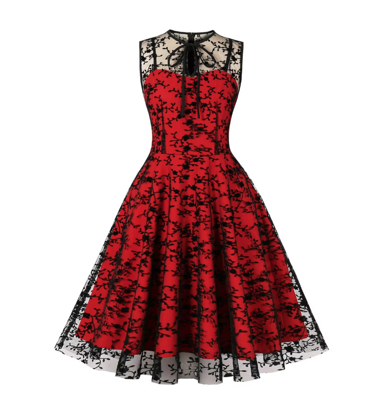 Ärmellloses 50er Rockabilly Kleid Knielang Rot Schwarz mit Spitze