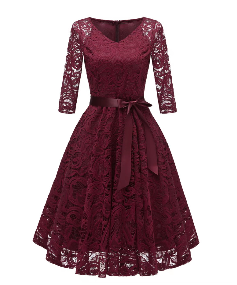 A Linie Vintage Style Kleid Knielang Elegant aus Spitze mit Dreiviertel Ärmel und Schärpe Weinrot