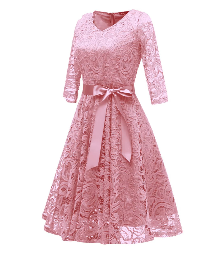 A Linie Vintage Style Kleid Knielang Elegant aus Spitze mit Dreiviertel Ärmel und Schärpe Rosa