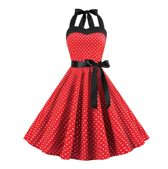 Neckholder Träger 50er Rockabilly Kleid Knielang Rot Gepunktet