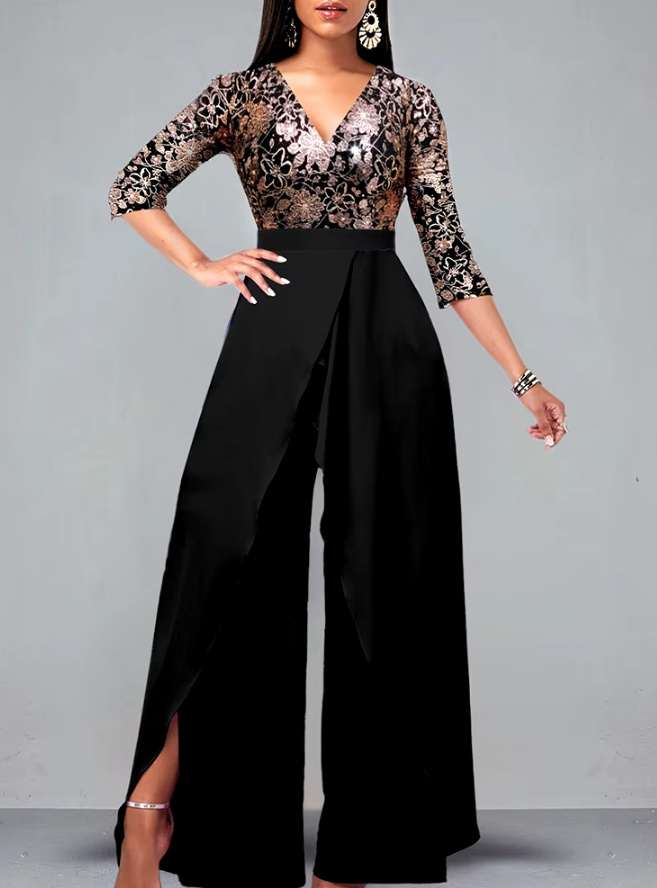 Eleganter Einteiler A Linie Jumpsuit in Schwarz Gold