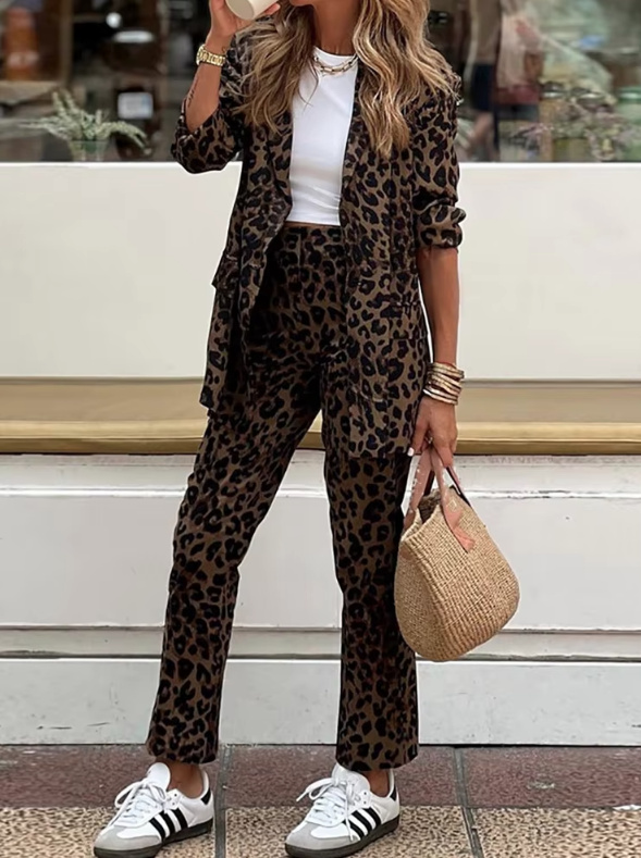 Leopard Print Zweiteiler in Braun Hose mit Blazer im Set