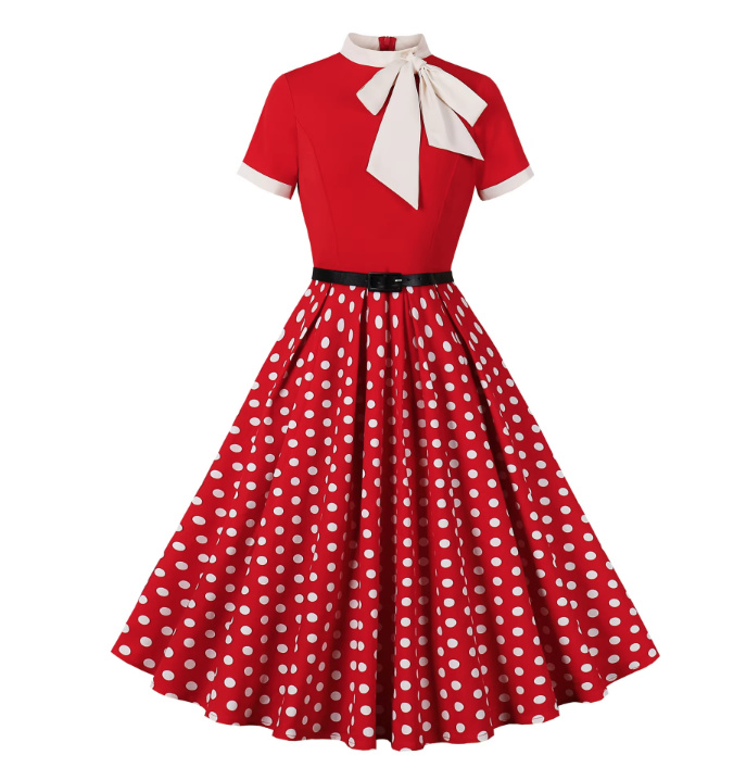 A Linie Kurzarm 50er Rockabilly Vintage Kleid in Rot Gepunktet mit Schleife