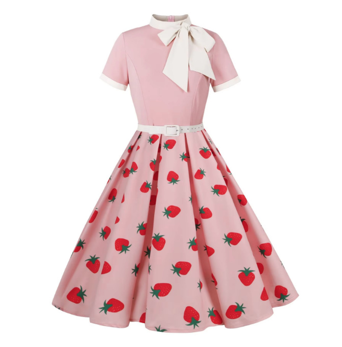 A Linie Kurzarm 50er Rockabilly Vintage Kleid in Rosa mit Erdbeere Muster mit Schleife