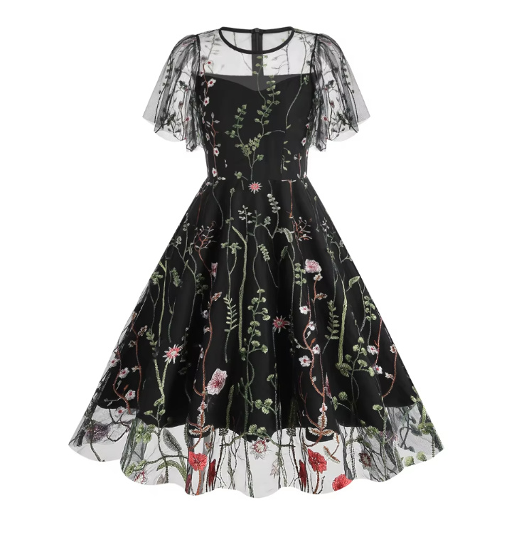 A Linie 50er Vintage Style Kleid Knielang mit Blumenstickereien in Schwarz