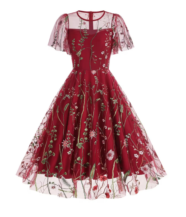 A Linie 50er Vintage Style Kleid Knielang mit Blumenstickereien in Rot