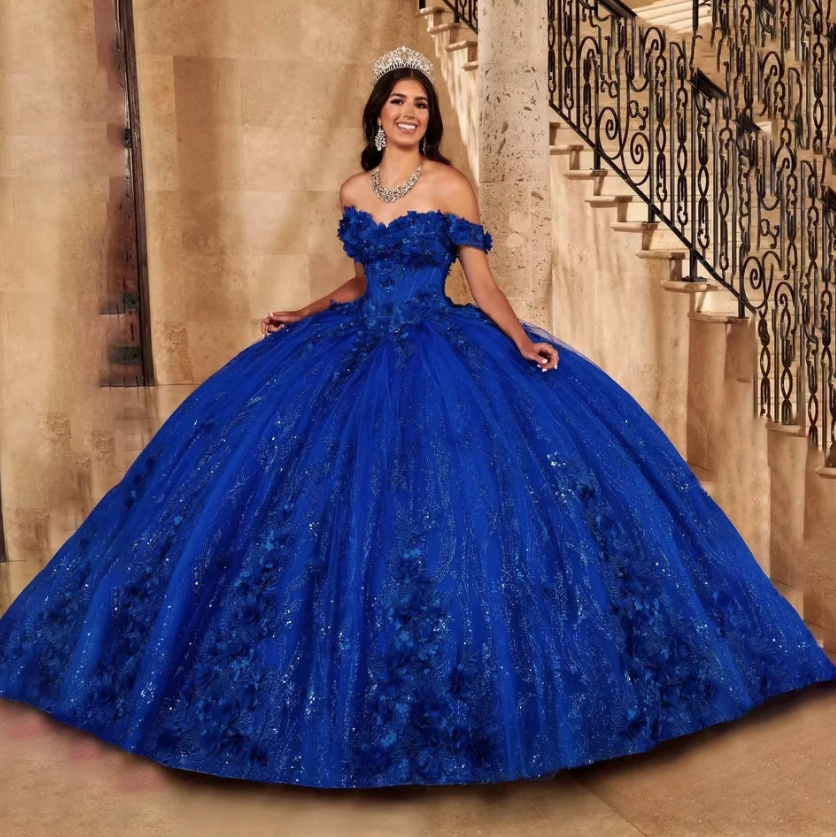 Schulterfreies Prinzessin Ballkleid in Navyblau mit Pailletten und 3D Blumen