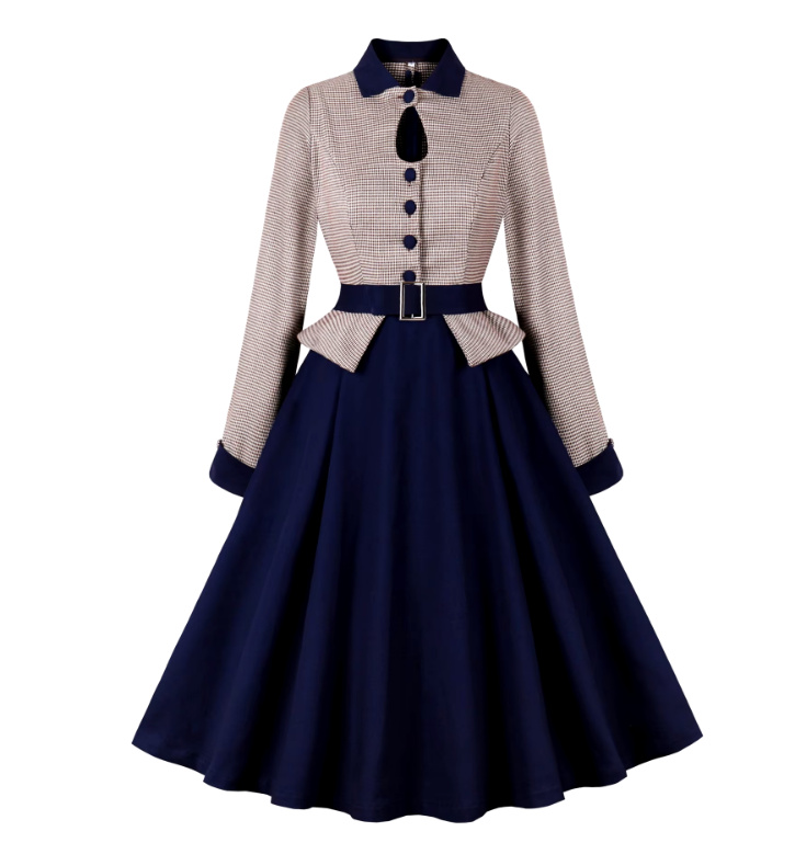 Pin Up 50er Style Langarm Kleid Knielang in Marineblau