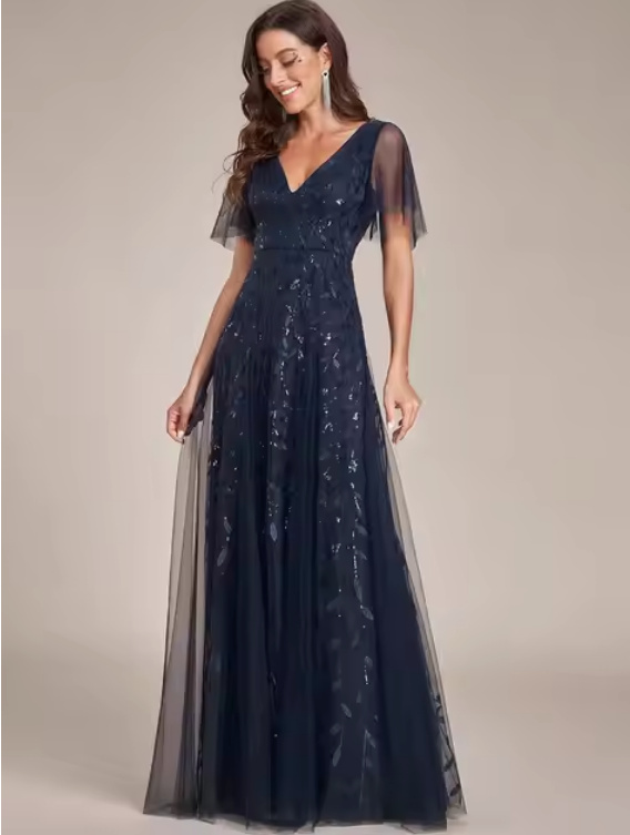 Elegantes A Linie Glitzer Kleid in Dunkelblau mit Flare Ärmel Bodenlang