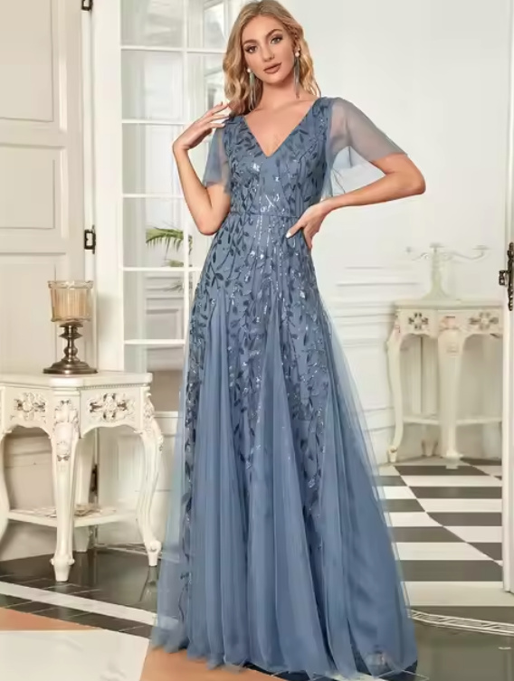 Elegantes A Linie Glitzer Kleid in Hellblau mit Flare Ärmel Bodenlang