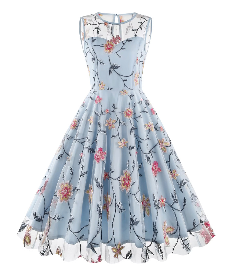 Ärmelloses Vintage Rockabilly Kleid Knielang in Hellblau mit Blumenstickereien