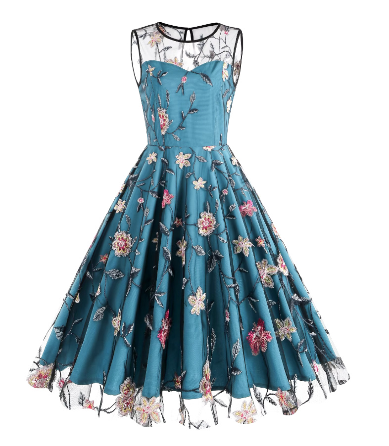 Ärmelloses Vintage Rockabilly Kleid Knielang in Dunkelblau mit Blumenstickereien