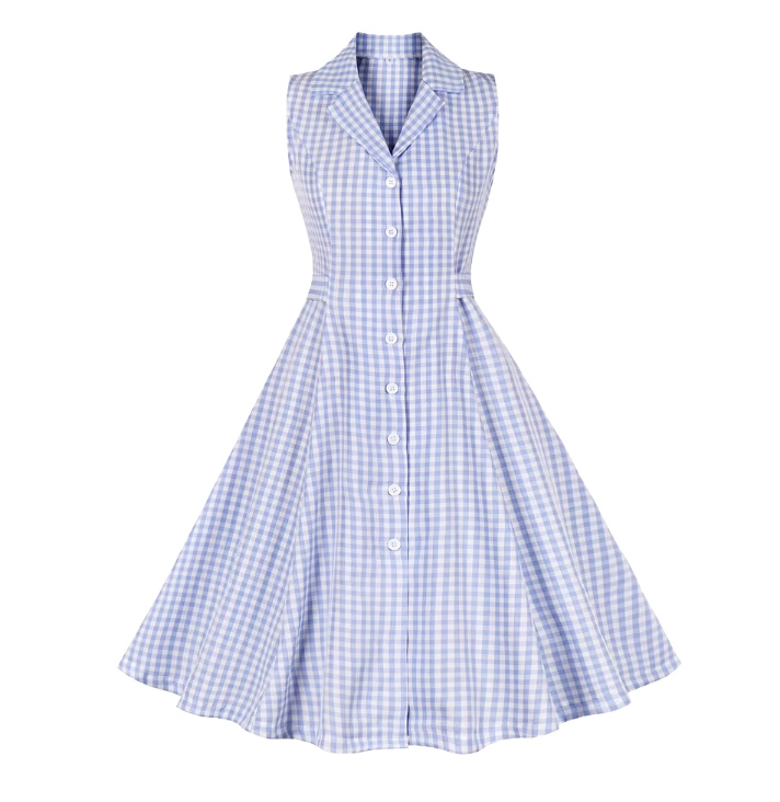 Ärmelloses Vintage Rockabilly Kleid Knielang in Hellblau Kariert 