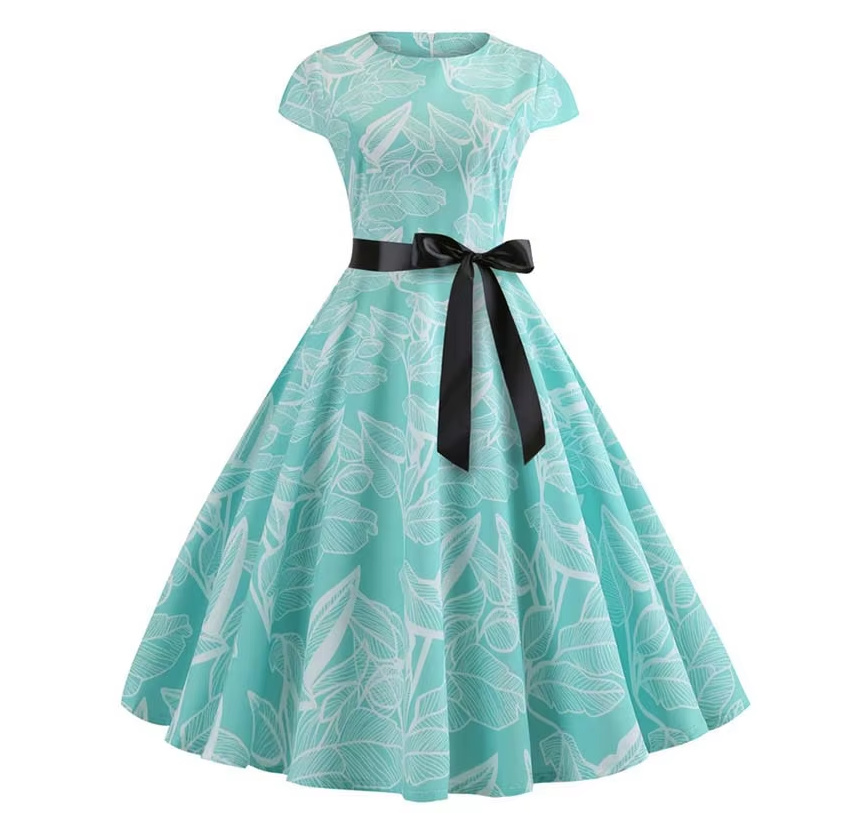 A Linie Vintage 60er Rockabilly Kleid Cécile Knielang Hellgrün mit Blumenmuster