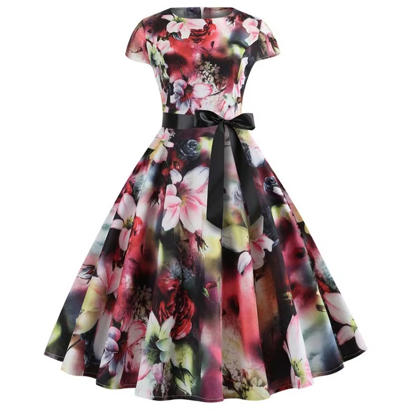 A Linie Vintage 60er Rockabilly Kleid Cécile Knielang mit Blumenmuster