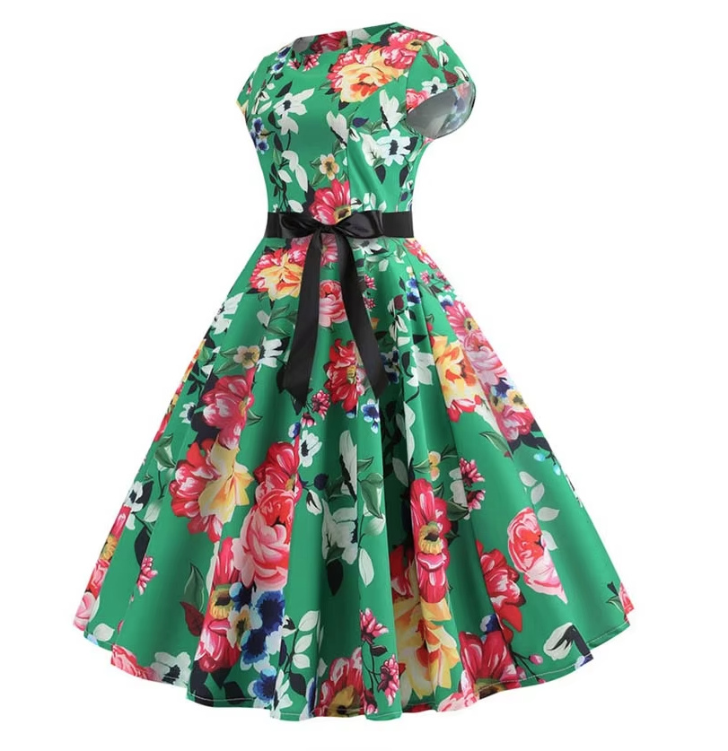 A Linie Vintage 60er Rockabilly Kleid Clementine Knielang Grün mit Blumenmuster