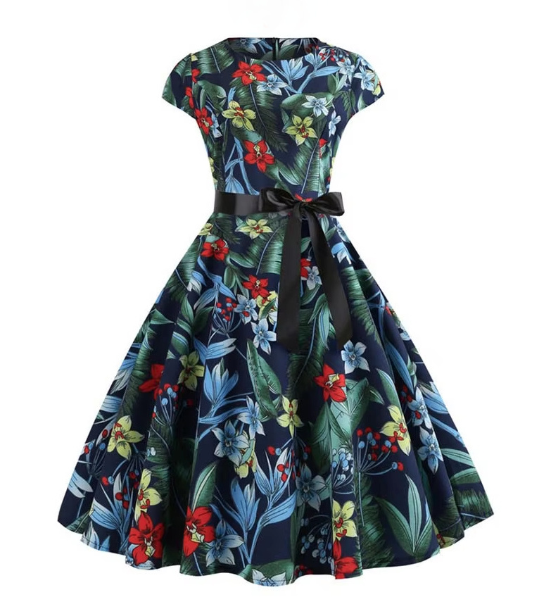 A Linie Vintage 60er Rockabilly Kleid Callisto Knielang mit Blumenmuster