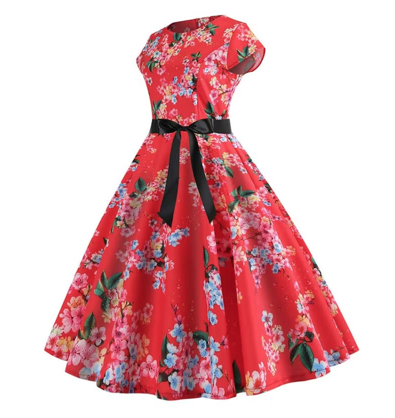 A Linie Vintage 60er Rockabilly Kleid Callisto Knielang Rot mit Blumenmuster