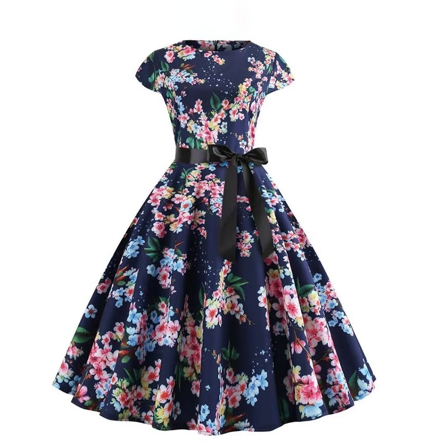 A Linie Vintage 60er Rockabilly Kleid Callisto Knielang Dunkelblau mit Blumenmuster