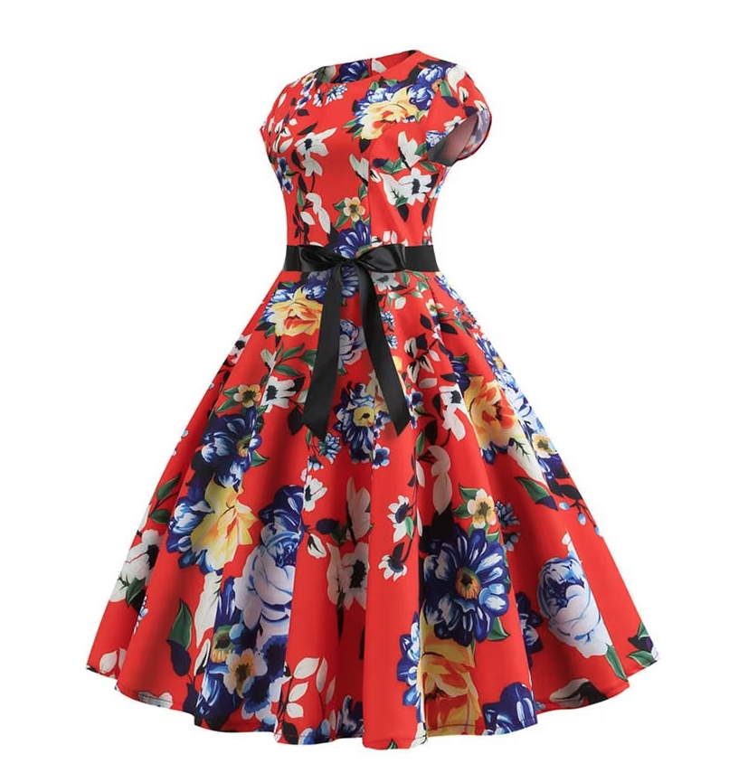 A Linie Vintage 60er Rockabilly Kleid Charline Knielang in Rot mit Blumenmuster