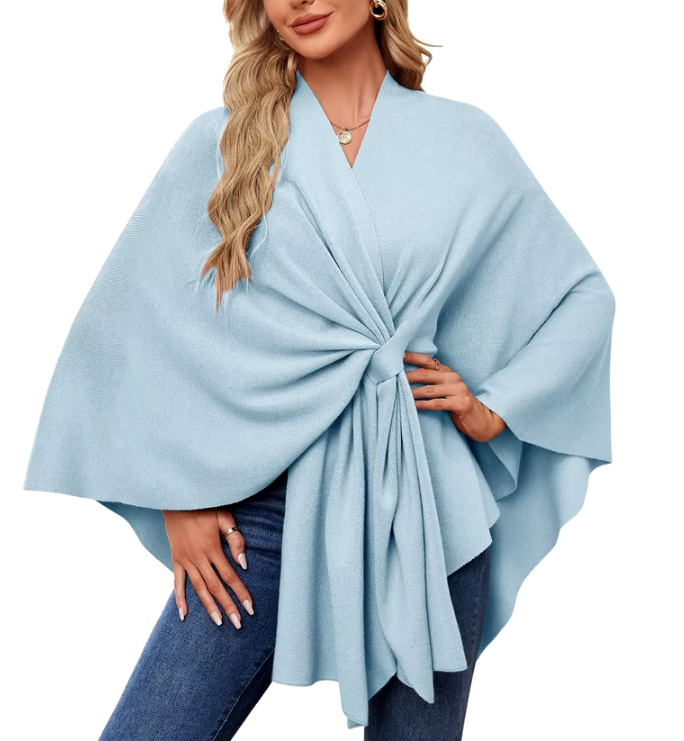 Elegantes Damen Kaschmir Cape Poncho in Himmelblau