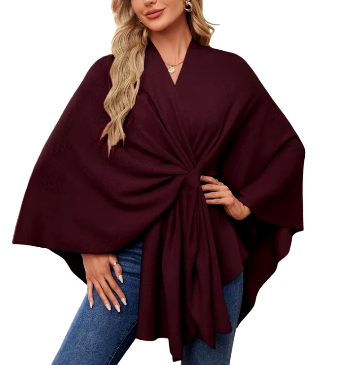 Elegantes Damen Kaschmir Cape Poncho in Weinrot