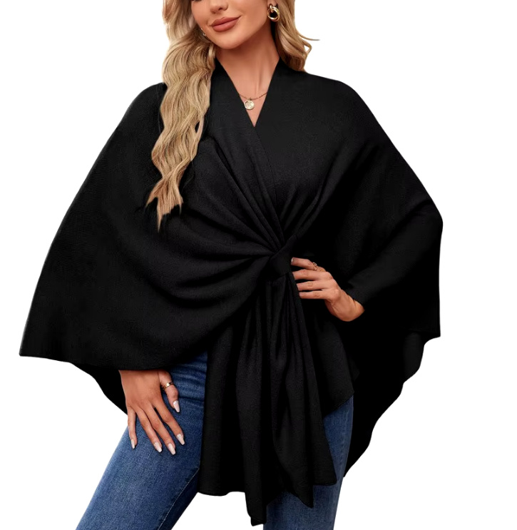 Elegantes Damen Kaschmir Cape Poncho in Schwarz