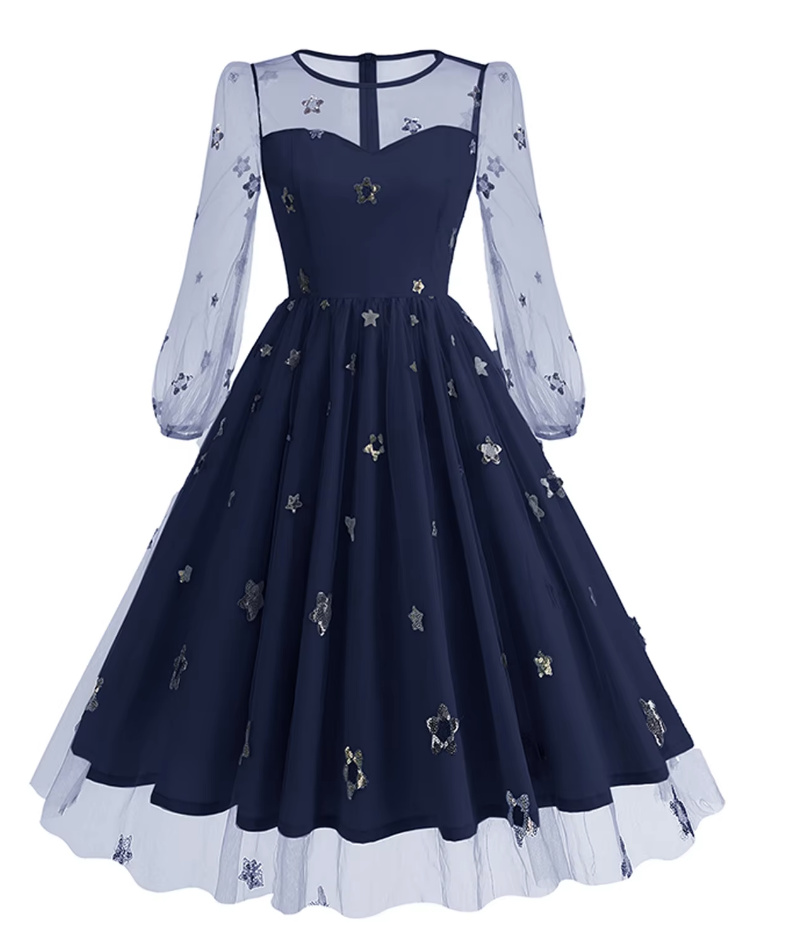 A Linie Langarm 50er Rockabilly Kleid Knielang in Dunkelblau mit Pailletten Blumen