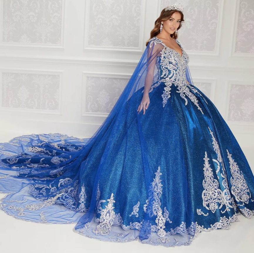 Quinceanera Ballkleid in Königsblau mit Stickereien Perlen Tüll Applikationen