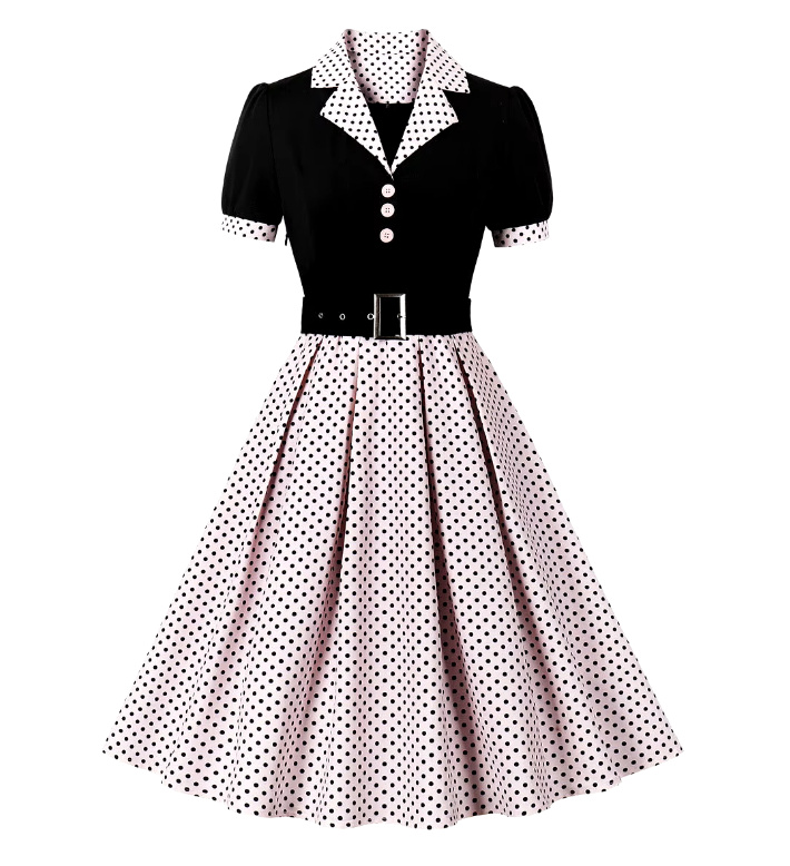 Kurzarm A Linie 50er Rockabilly Kleid Celes Knielang Schwarz Weiß Gepunktet