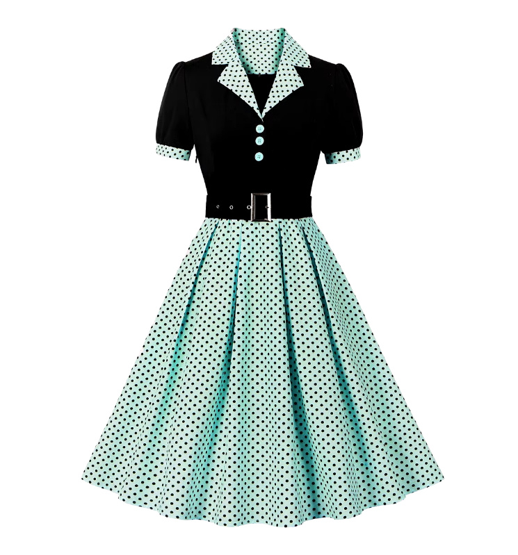 Kurzarm A Linie 50er Rockabilly Kleid Celes Knielang Hellgrün Schwarz Gepunktet