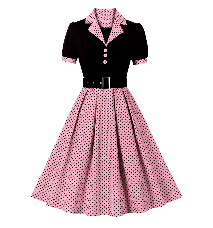 Kurzarm A Linie 50er Rockabilly Kleid Celes Knielang Rosa Schwarz Gepunktet