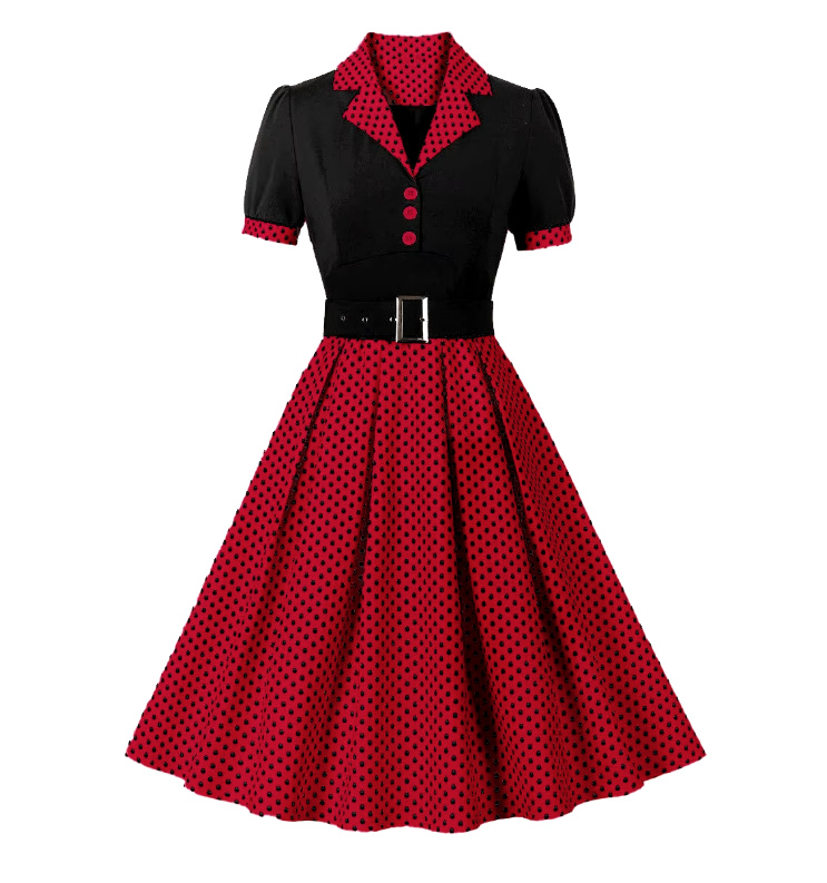 Kurzarm A Linie 50er Rockabilly Kleid Celes Knielang Rot Schwarz Gepunktet