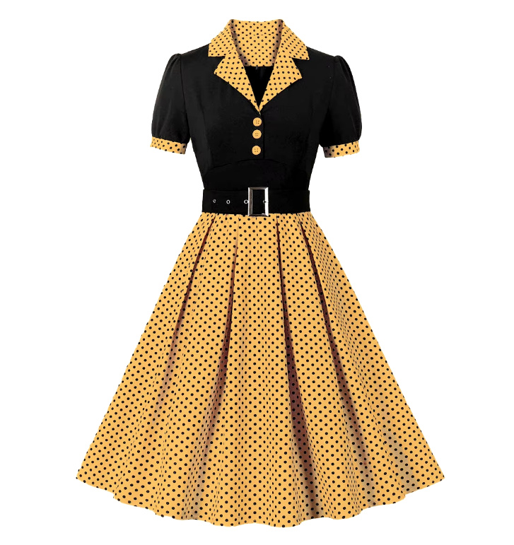 Kurzarm A Linie 50er Rockabilly Kleid Celes Knielang Gelb Schwarz Gepunktet