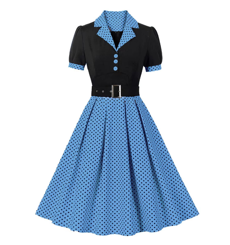 Kurzarm A Linie 50er Rockabilly Kleid Celes Knielang Blau Schwarz Gepunktet