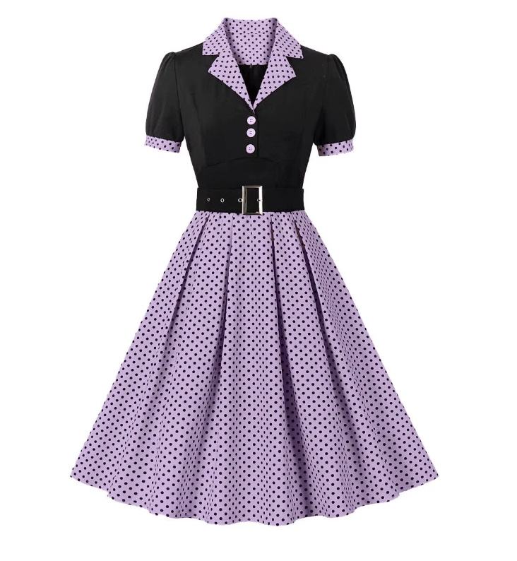 Kurzarm A Linie 50er Rockabilly Kleid Celes Knielang Lila Schwarz Gepunktet