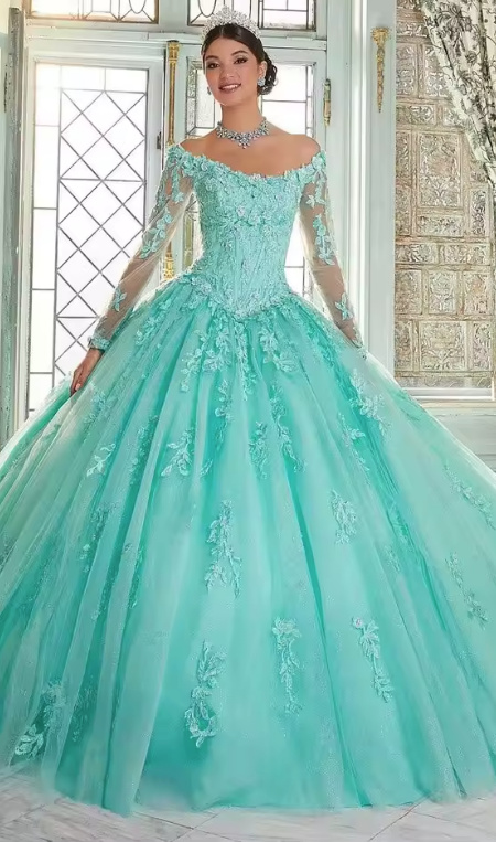 Langarm Quinceanera Ballkleid Cheyenne mit Tattoo Spitze in Mintgrün