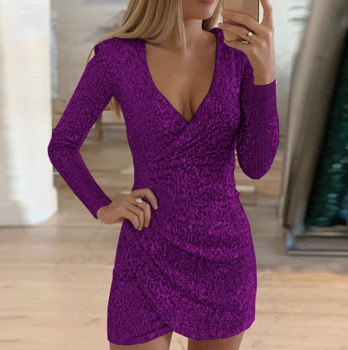 Sexy Mini Langarm Glitzer Kleid in Lila