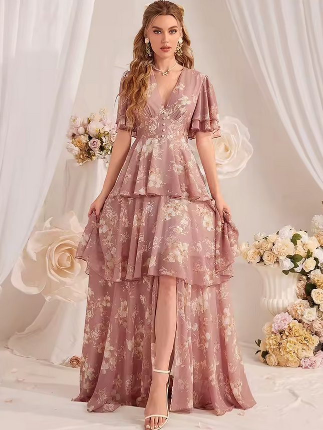 Kurzarm Chiffon Sommerkleid 2025 Elegant in Altrosa mit Blumenmuster