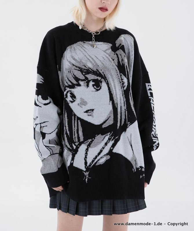 Harajuku Print Oversize Damen Pullover Schwarz