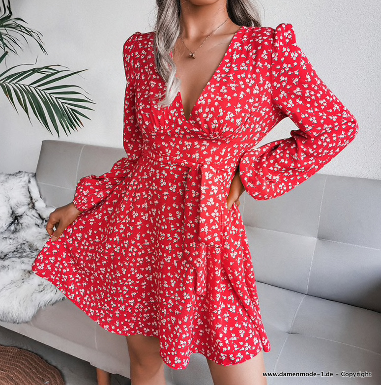  A Linie Langarm Sommerkleid Kurz in Bohostyle Rot