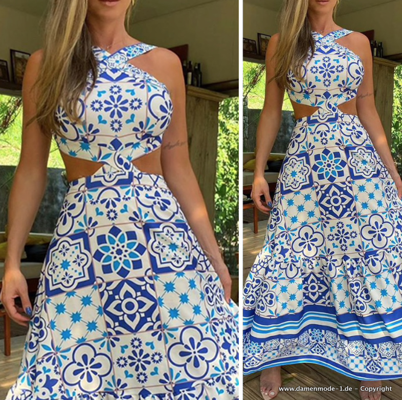 Retro Print Maxi Boho Sommerkleid in Blau Weiß