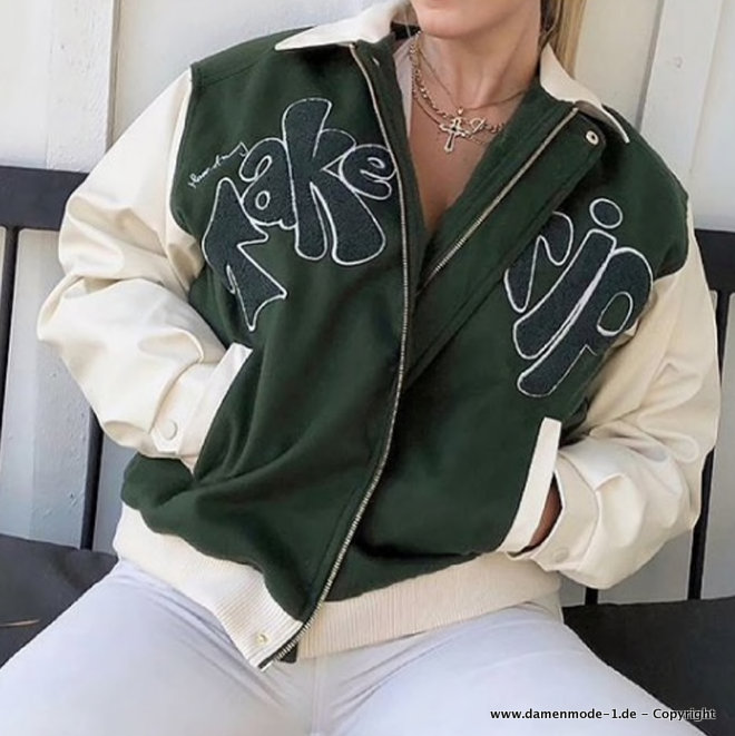 Baseball Style Patch Damen Jacke Grün Weiß