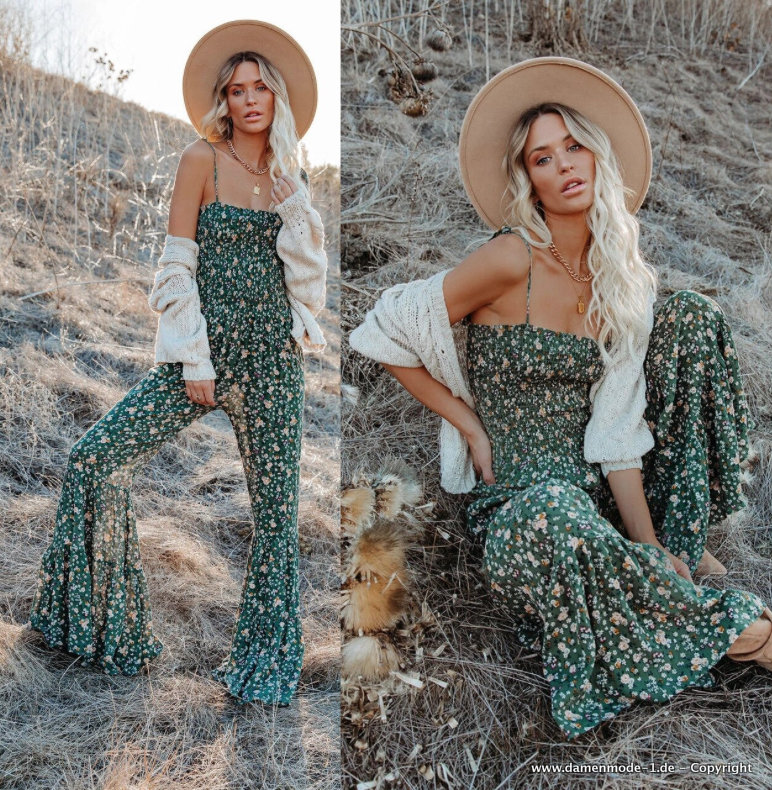 Boho Style Sommer Jumpsuit Einteiler mit Spaghetti Träger und Blumen